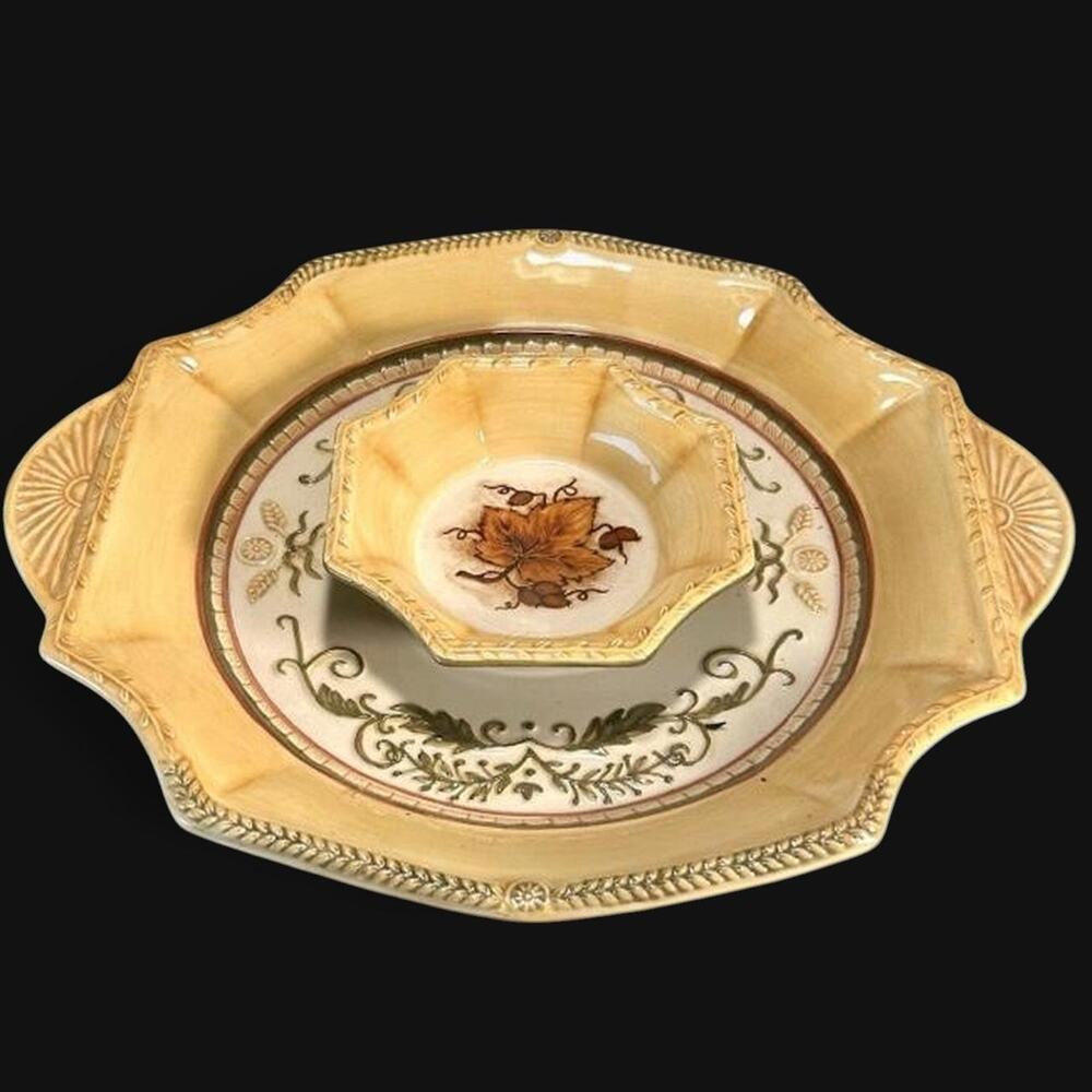 🚨Nice 2 pc Amscan Ceramic Chip & Dip Thanksgiving 14'' 5.5'' Bowl Leaf Design